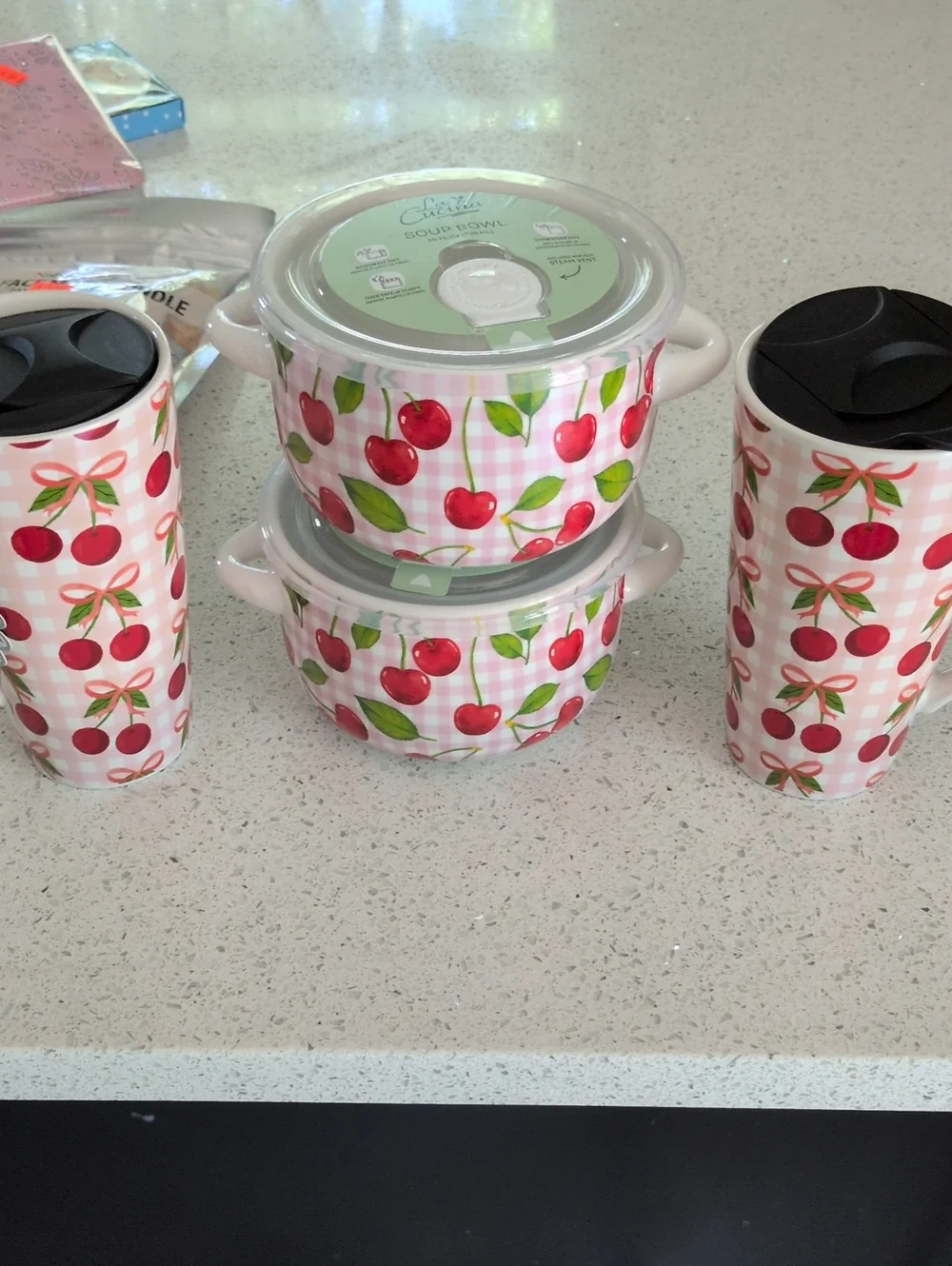 Cherry Print 2 Soup Bowlsw/Lids 2 Travel Mugs - Pink Cherry Pattern New